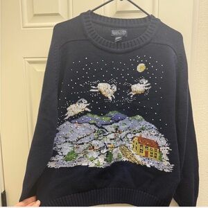 Lands' End Navy Sweater with Snowy Village Design